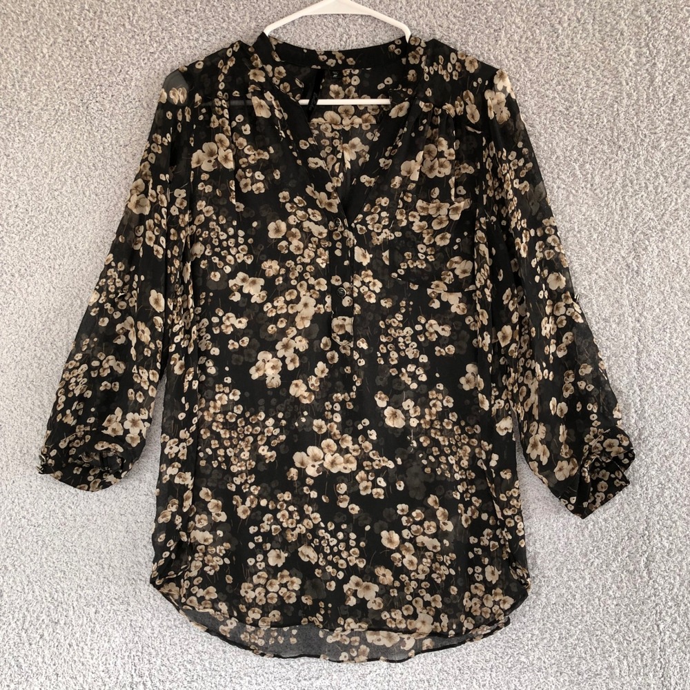 Silk‎ Floral Sheer Blouse Size M Long Sleeve Lightweight